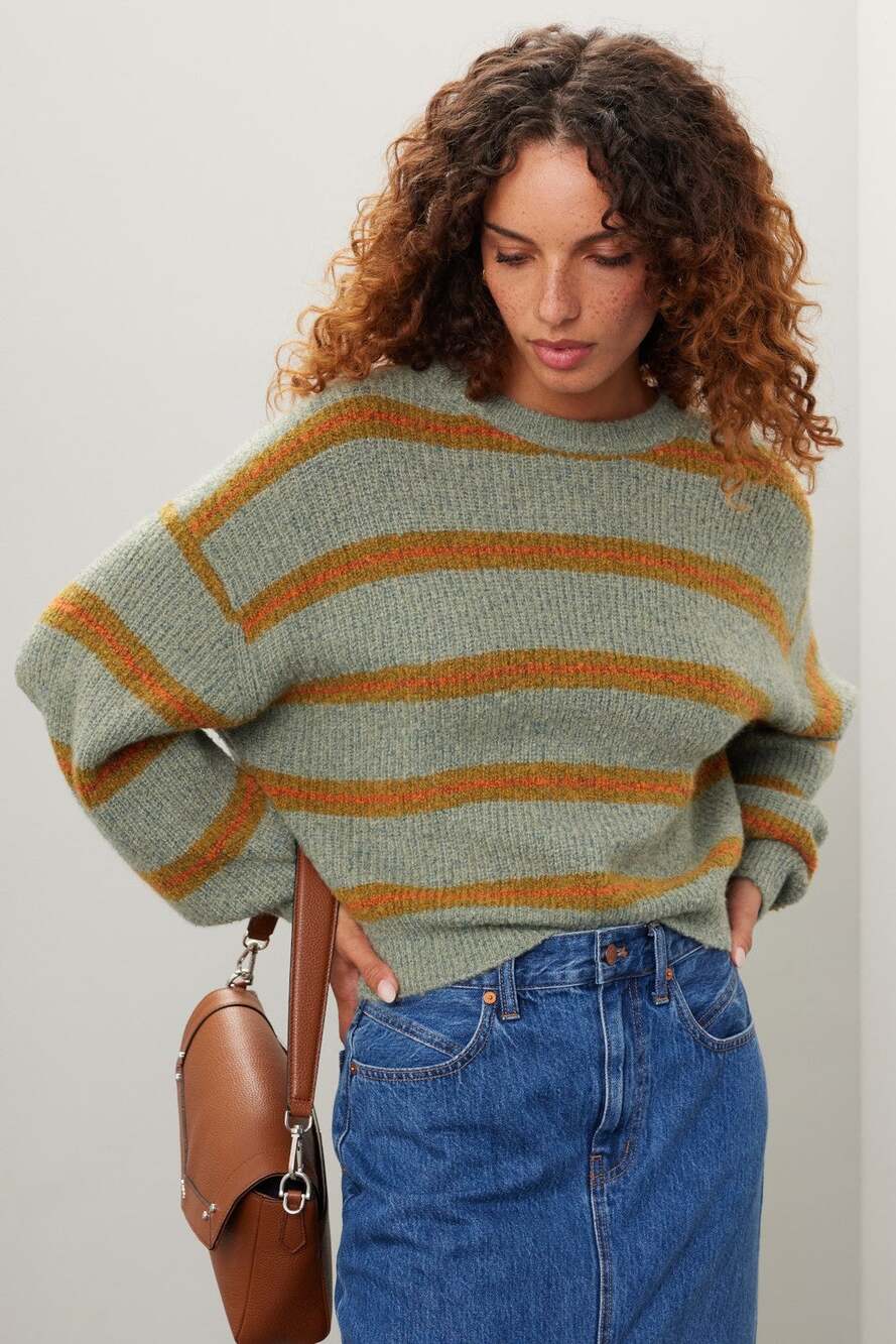Spiritual Gangster Blake Sweater Small Sage Green Orange Stripe Crewneck Cozy